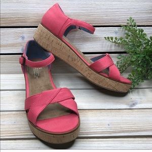 TOMS Harper Coral Canvas Cork Wedge Buckle Sandals